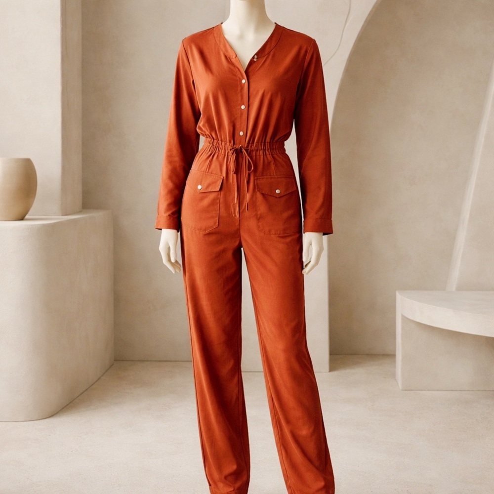 PrettyLittleThing Rust Long-Sleeve Drawstring Jumpsuit